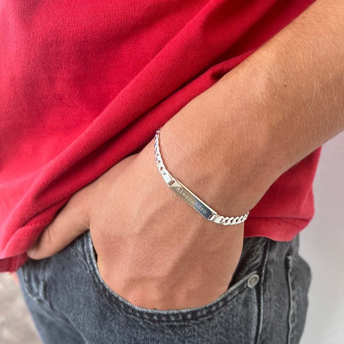 Giuzi - Bracciale Uomo Argento 925 Personalizzabile con Targhetta Incisa, Catena Grumetta Regolabile, Idea Regalo Uomo con Confezione