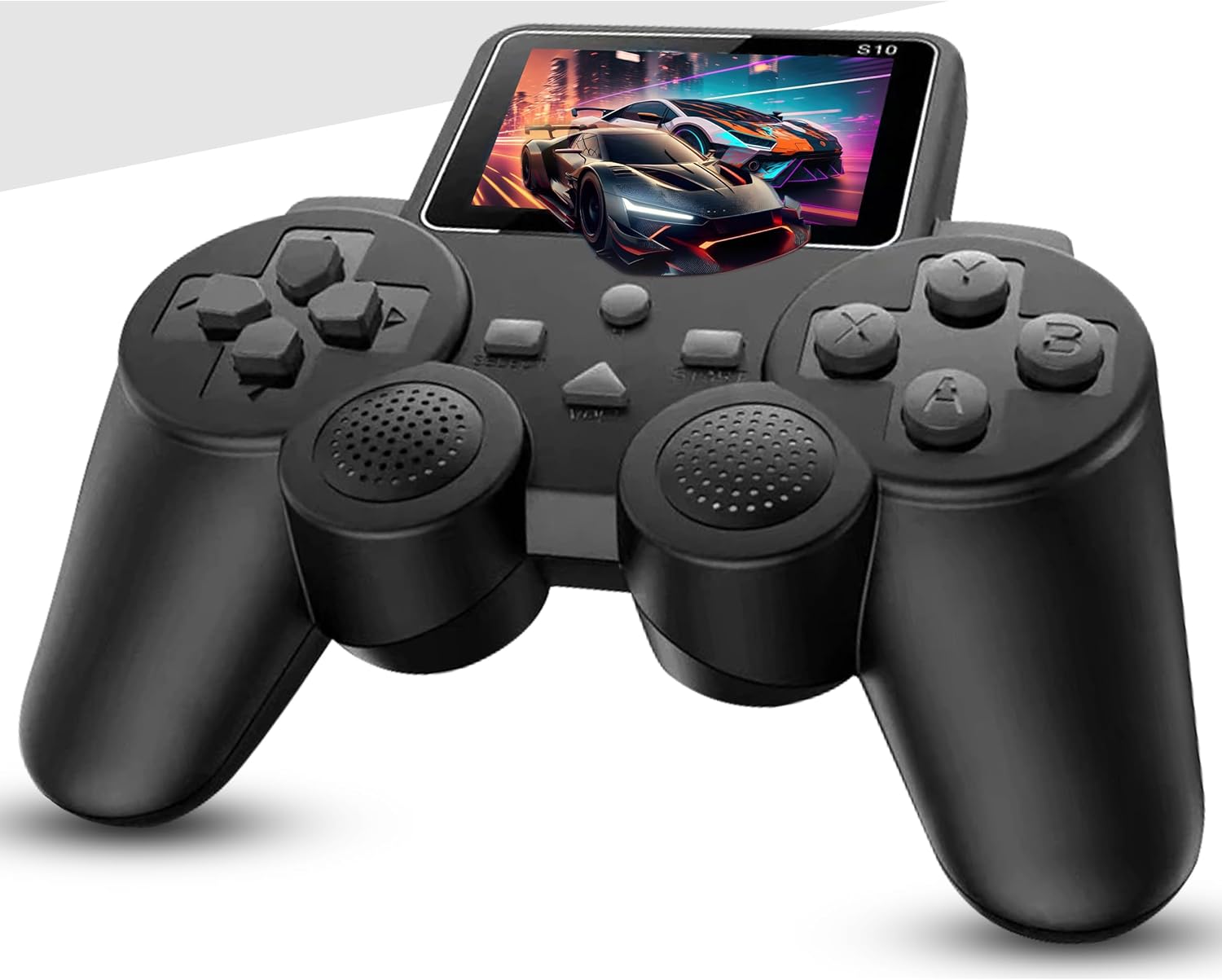 Front view of the PlayingStation 520-in-1 Handheld Console displaying a racing game on its screen.