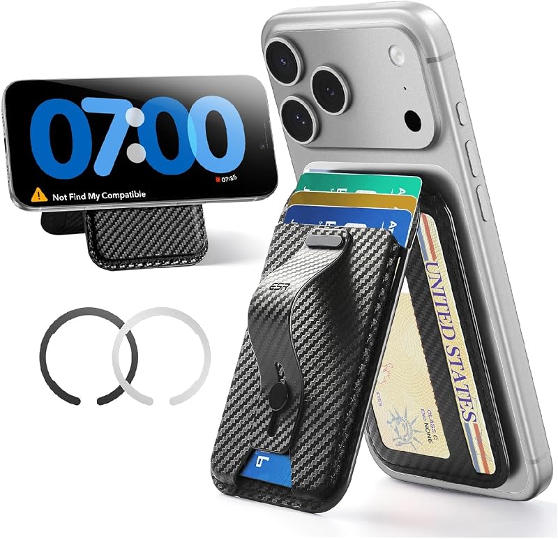 ESR for MagSafe Wallet Stand with Grip, 5 Card Holder, RFID Blocking | MagSafe Ring Included, Strong Magnetic Wallet for iPhone 17 Pro Max 17e 16 15 14 13 12, Selected Samsung, Black Carbon Fiber