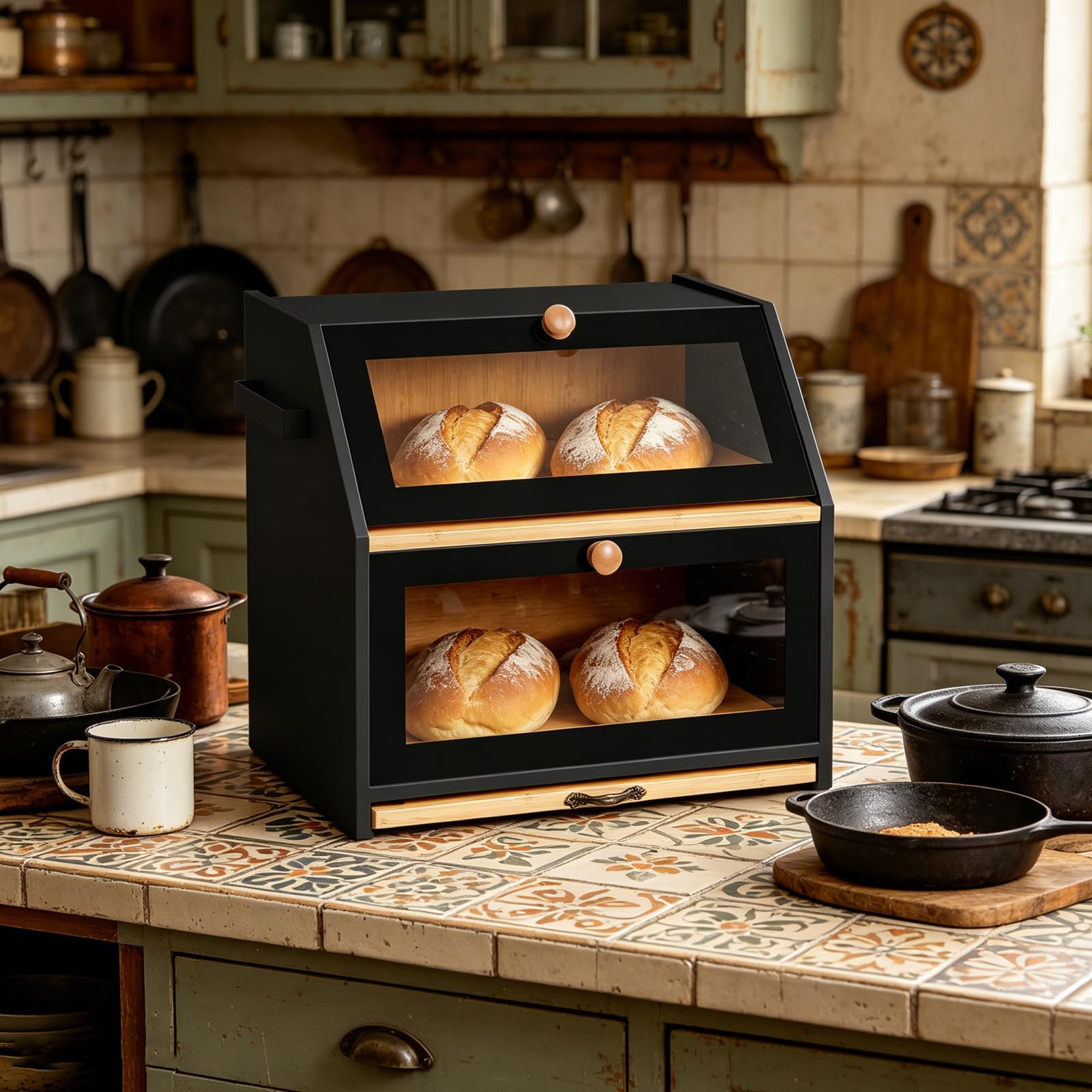 OHMG Boîte à Pain Bambou 2- Couche Countertop Boîte à Pain en Bois de Bambou pour Cuisine, Huche à pain,Nature,pour le stockage du pain,26 * 39 * 32.5cm