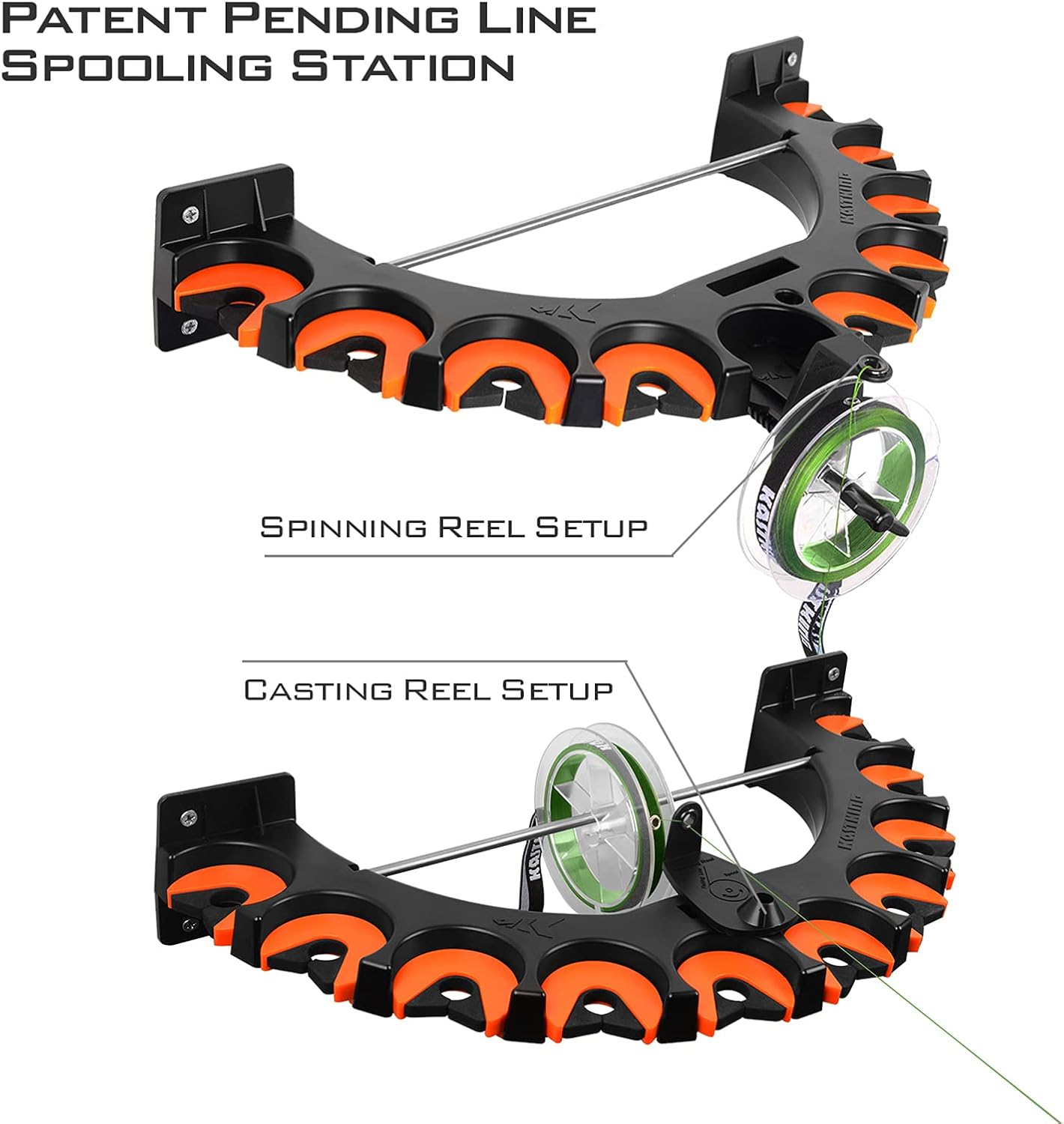 KastKing V10 Rod Rack with Spooling Station, Wall Mounted Fishing Rod/Combo Rack, Holds 10 Combos, Line Spooling Tool for Spinning and Casting Reels (2pcs Line Boss Included)