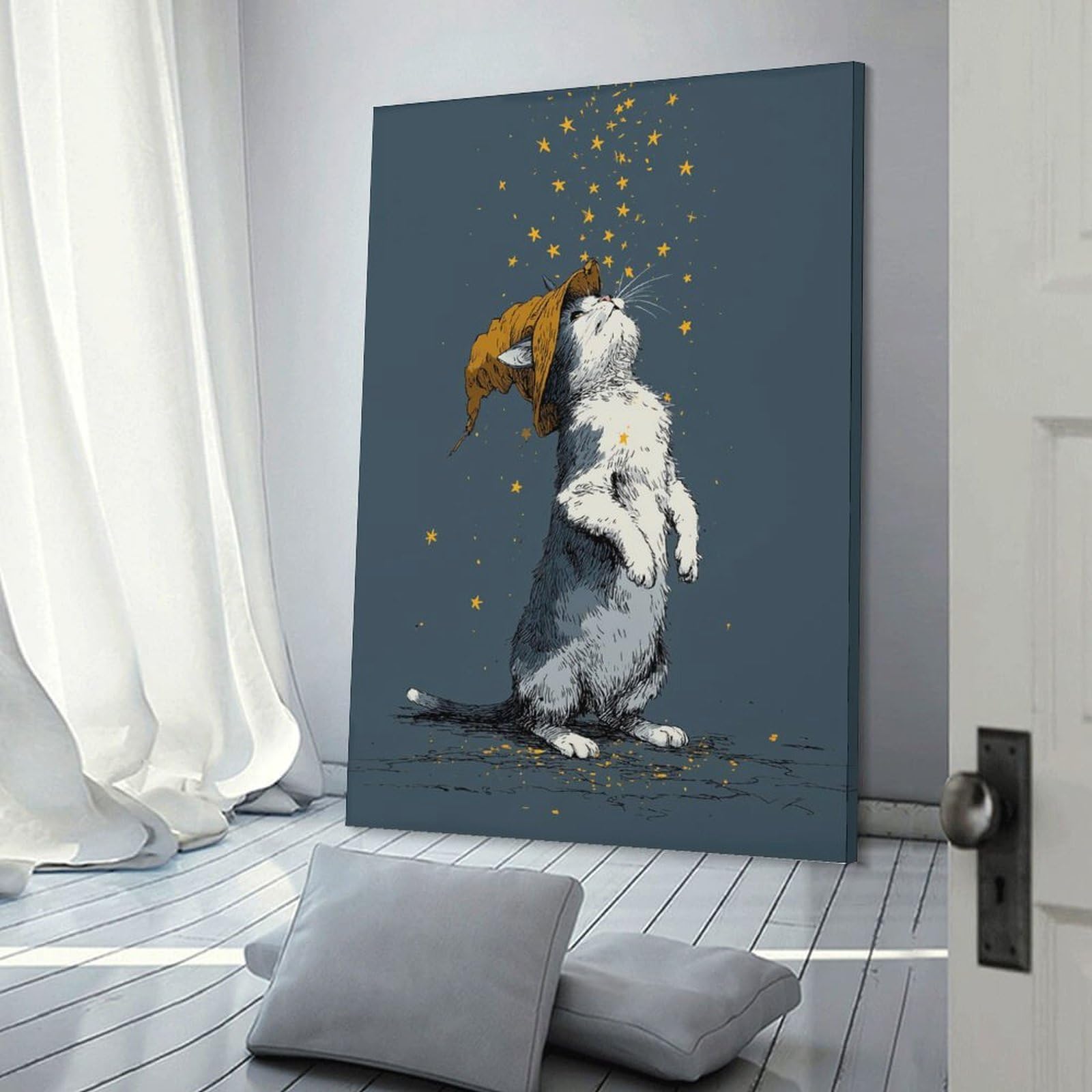 Junmoney Frame-Style-12 Canvas Wall Art Wizard Cat With Stars, 24X36inch(60X90cm), For Lounge Decor, Bedroom Walls Or Flats, A Home Accent With Warm Character