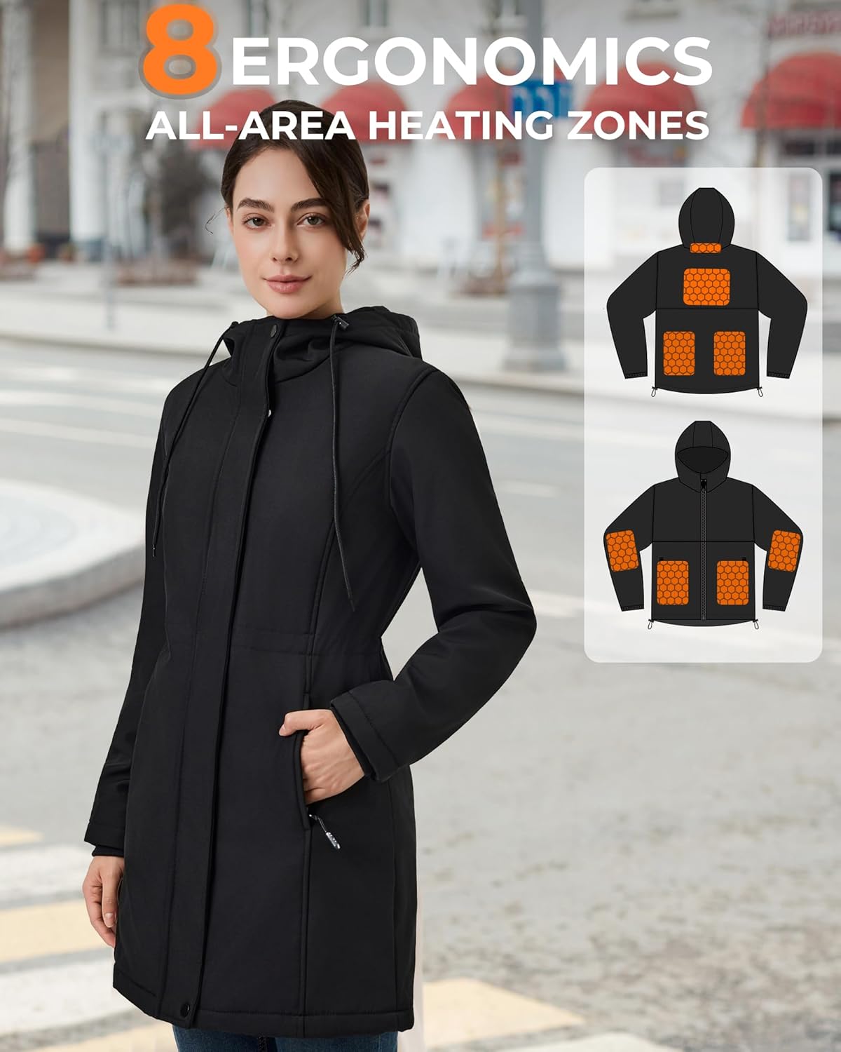 Graphene Heated Jackets for Women with 12V 18400mAh Battery Pack, Hood Fleece Lined Windproof Waterproof Coat - Image 3