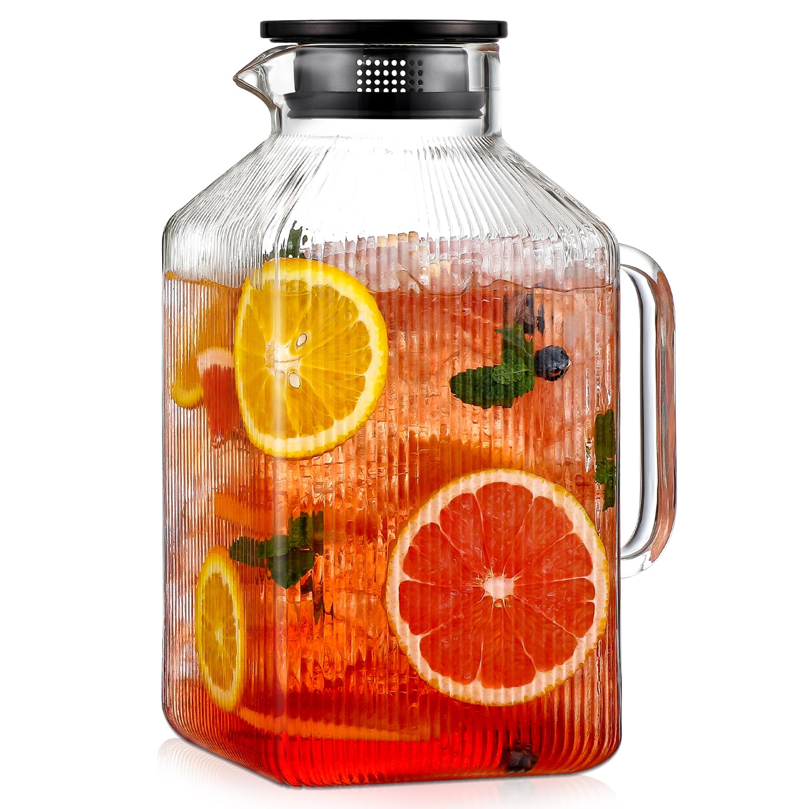 Photo 1 of 1 Gallon Square Glass Pitcher with Lid, Classic Stripes Water Pitchers for Fridge, Borosilicate Glass Carafe for Hot/Cold Brew Drink, Extra Large Jug with Handle for Iced Tea, Coffee, Juice, Black