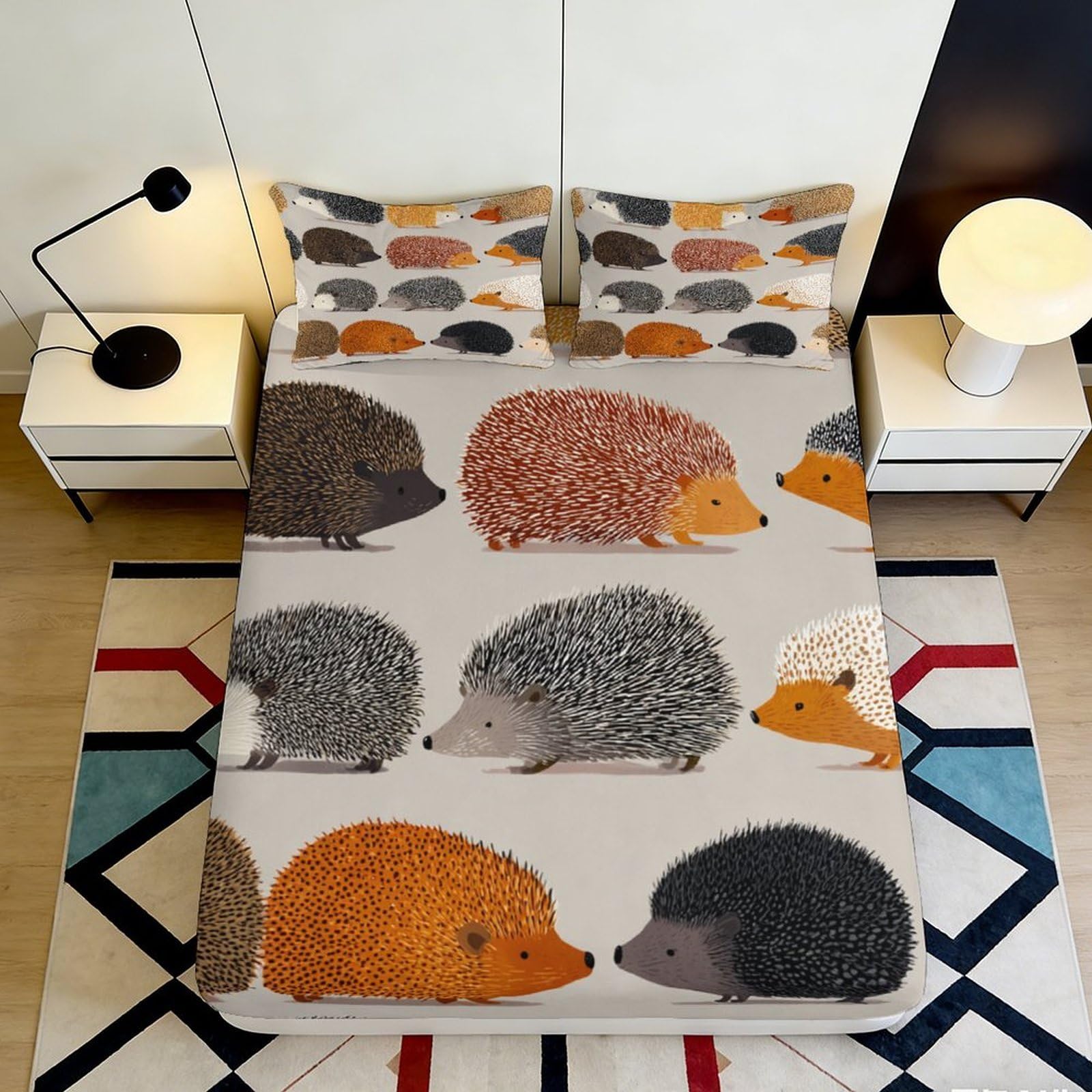 3D Printed Hedgehog Pattern Fitted Sheet Microfiber Soft Breathable Animal Design Mattress Cover for Bedroom Dormitory Guest Room Mattress Protection Decor 160x200x25cm