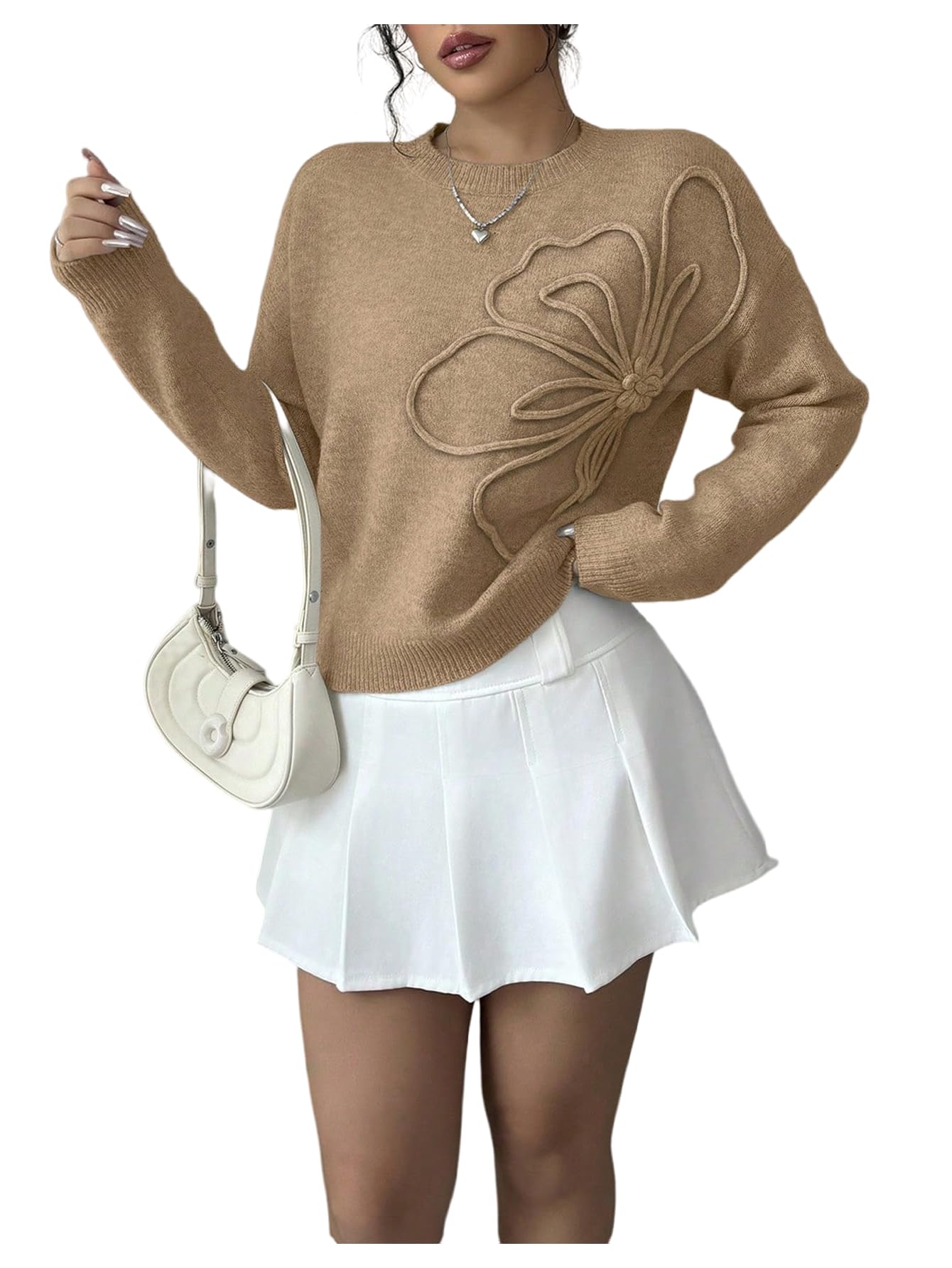 RoseSeek Women's 3D Floral Appliques Sweaters Long Sleeve Knit Tops