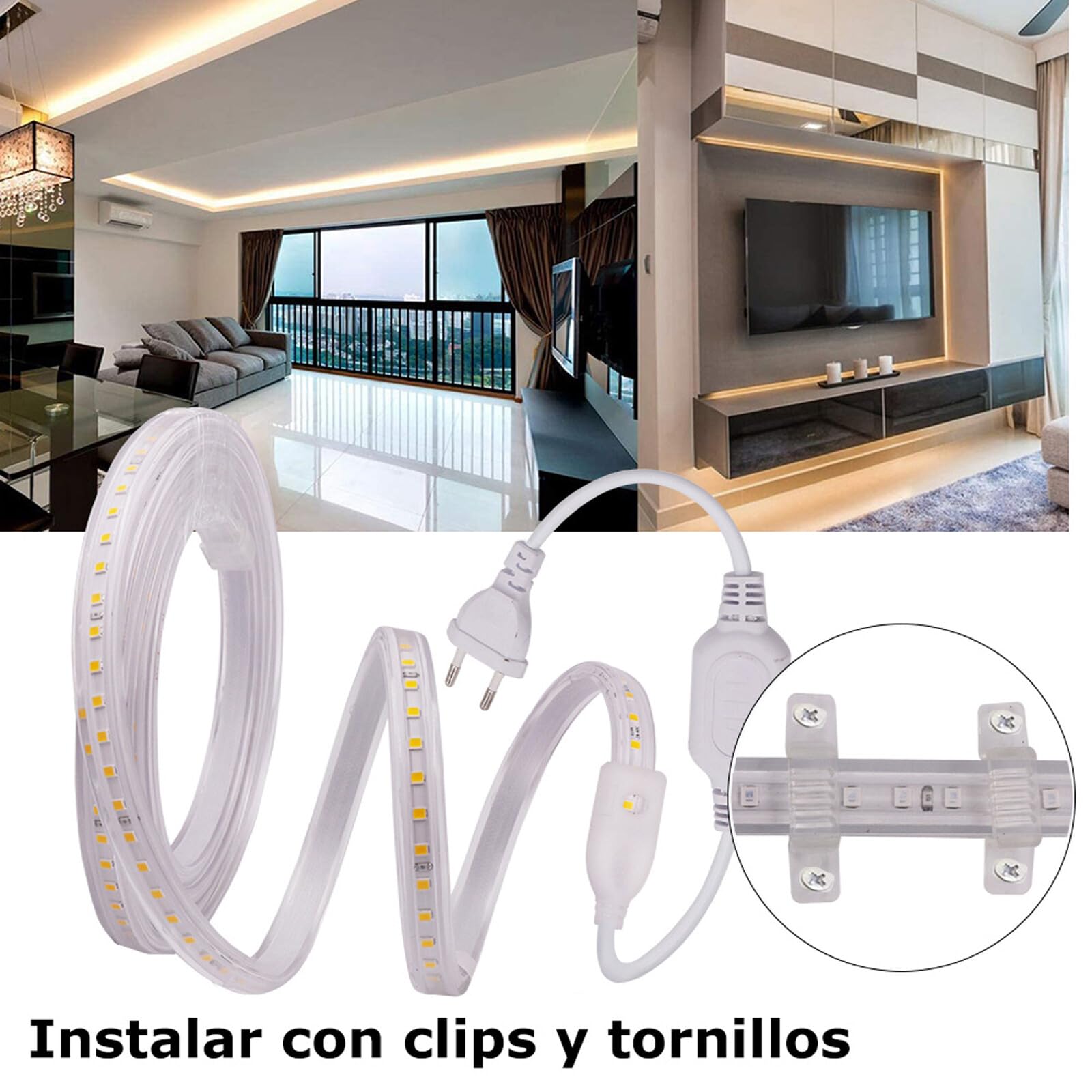 XUNATA 50m 220V Tira LED, SMD 2835 120 LEDs/m, Cortable Cada 20cm, IP65 Impermeable para Escalera, Techo, Cocina– Blanco Cálido