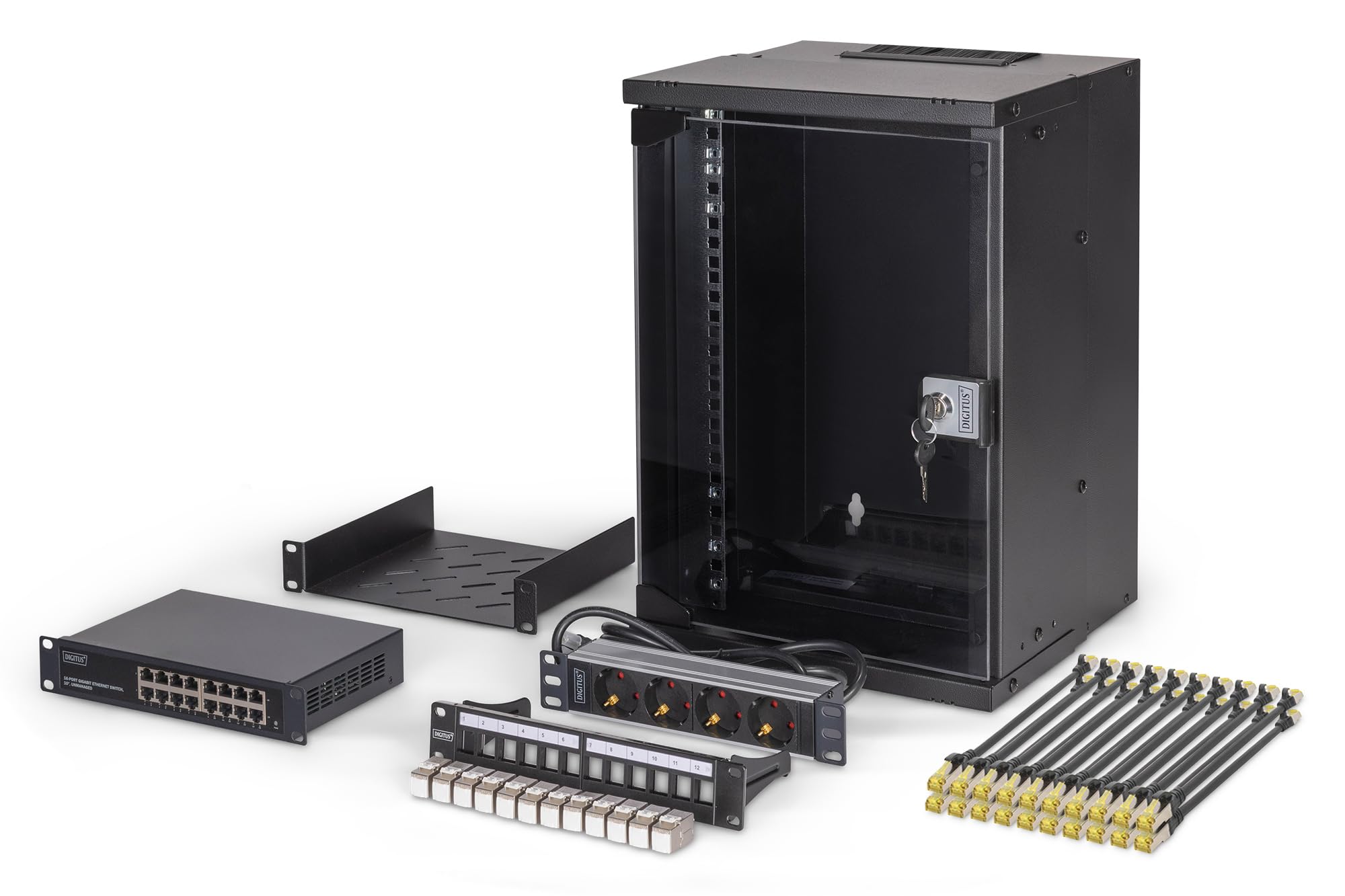 DIGITUS 10 Zoll Netzwerk-Set – 9HE Netzwerkschrank – Fachboden – Steckdosenleiste – 16-Port Switch – 12-Port Patchpanel – 12 Keystone Module – 20 Patchkabel – SOHO Pro – Schwarz