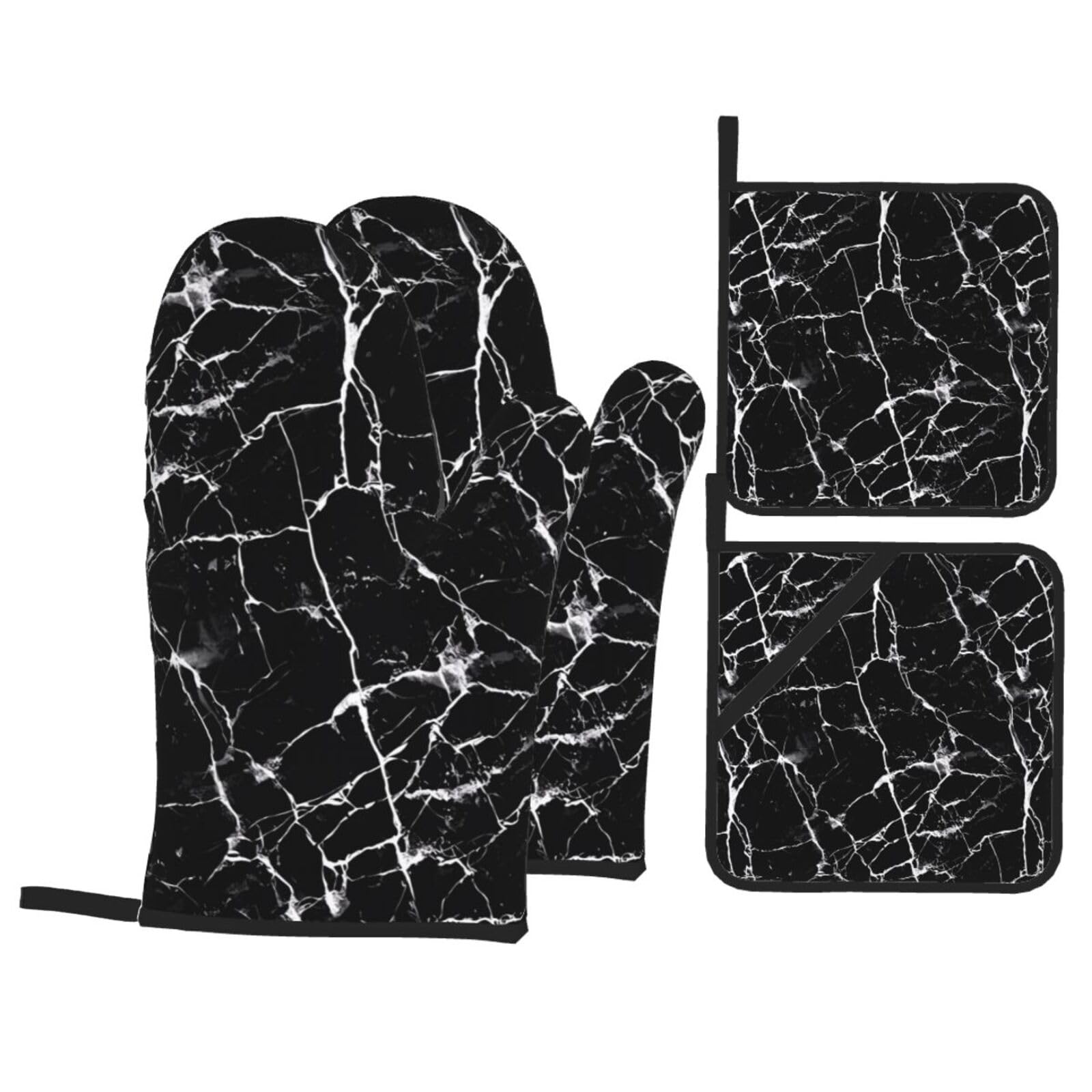 HJFCZH Black Marble Prints Kitchen Throw Set: Durable Oven Layers with Waterproof Polyester – 4 Piece Heat Protection System