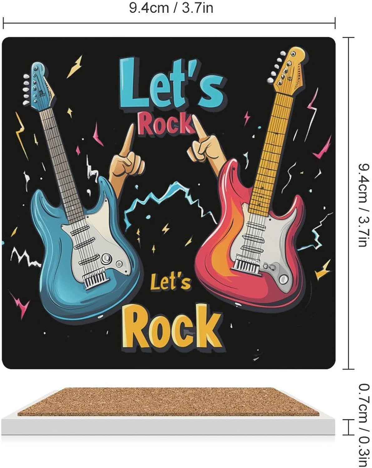 Let's Rock Guitar Music Ceramic Coasters Set Square Drink Coasters Table Coaster for Kitchen Desktop Decor