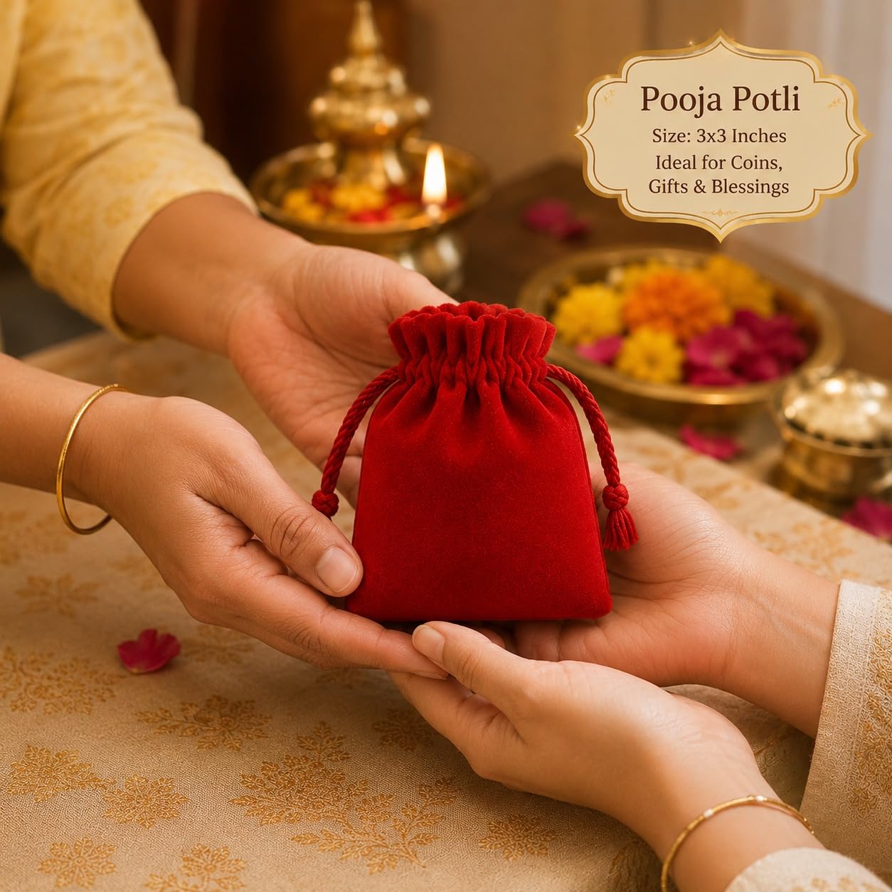 DLC 25 pc Small Plain Red Velvet Gold Coin Potli 8 cm silver coin Shagun potli bags 3"x3inch Drawstring coin pouch purse for Wedding, Corporate, Xmas party Gifts, Jewellery Earphone Pouches by Dulhan 2