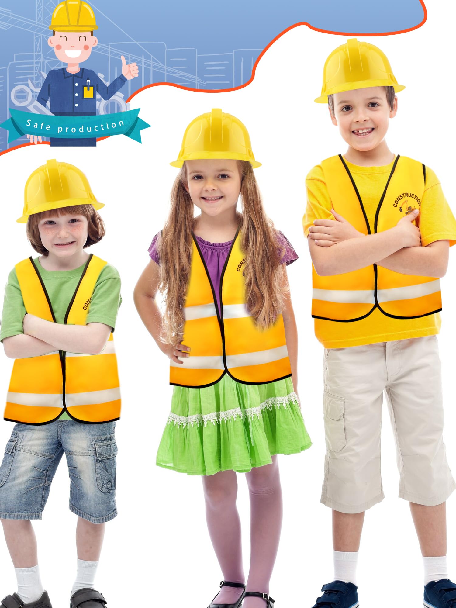 Puteraya 30 Pcs Kid Construction Worker Costume 15 Pcs Construction Vest 15 Pcs Construction Hat for Halloween Dress (Colour Style 1) - Image 4