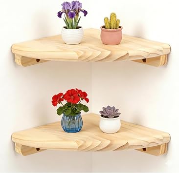 2Pcs Wooden Corner Shelf Wall Mounted 18 cm Modern Floating Storage Shelf Wall Round End Display Rack with Screw for Toys, Plants & Storage for Bedroom, Living Room, Baby Room2Pcs