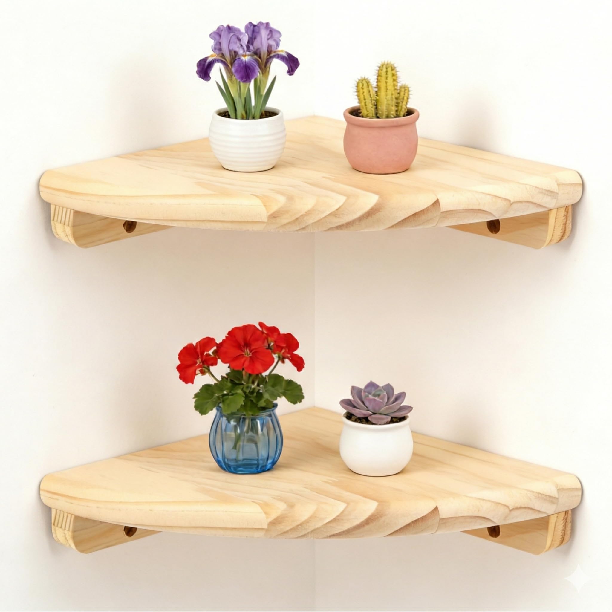 GUIJZSLTRG 2Pcs Wooden Corner Shelf Wall Mounted 18 cm Modern Floating Storage Shelf Wall Round End Display Rack with Screw for Toys, Plants & Storage for Bedroom, Living Room, Baby Room(2Pcs)