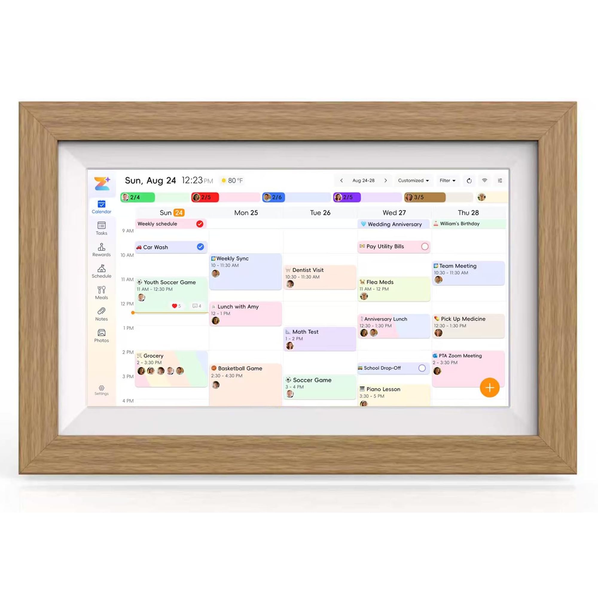 Inteligentny kalendarz cyfrowy, 25,7 cm, ekran dotykowy, organizer rodzinny z ramką na zdjęcia, drewnianą ramką, diagramem zadań i planerem posiłków