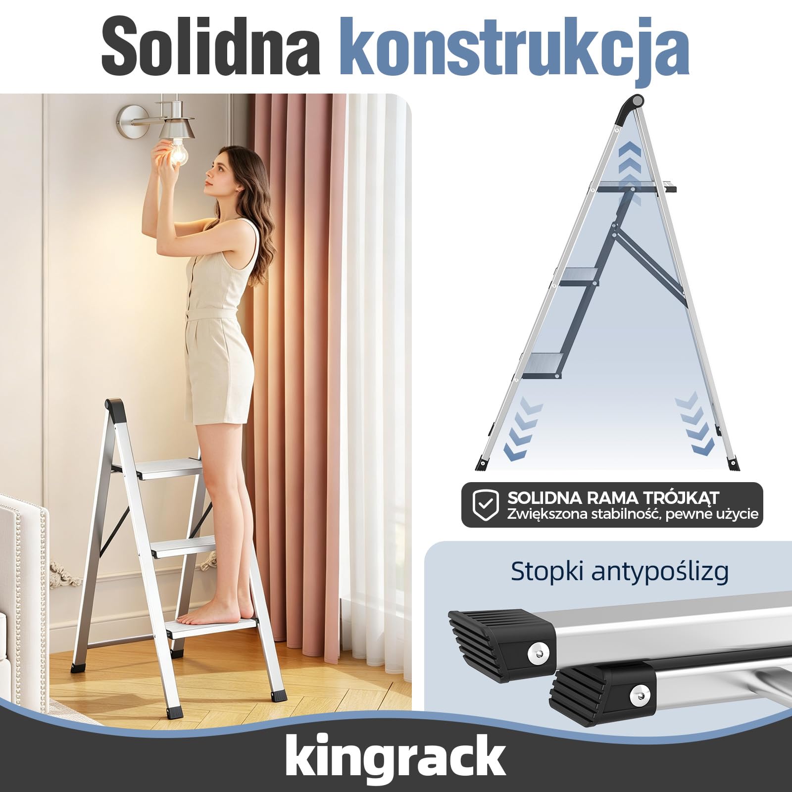 KINGRACK Aluminiowa drabina składana 3-stopniowa, antypoślizgowa poręcz, do 150 kg, srebrna