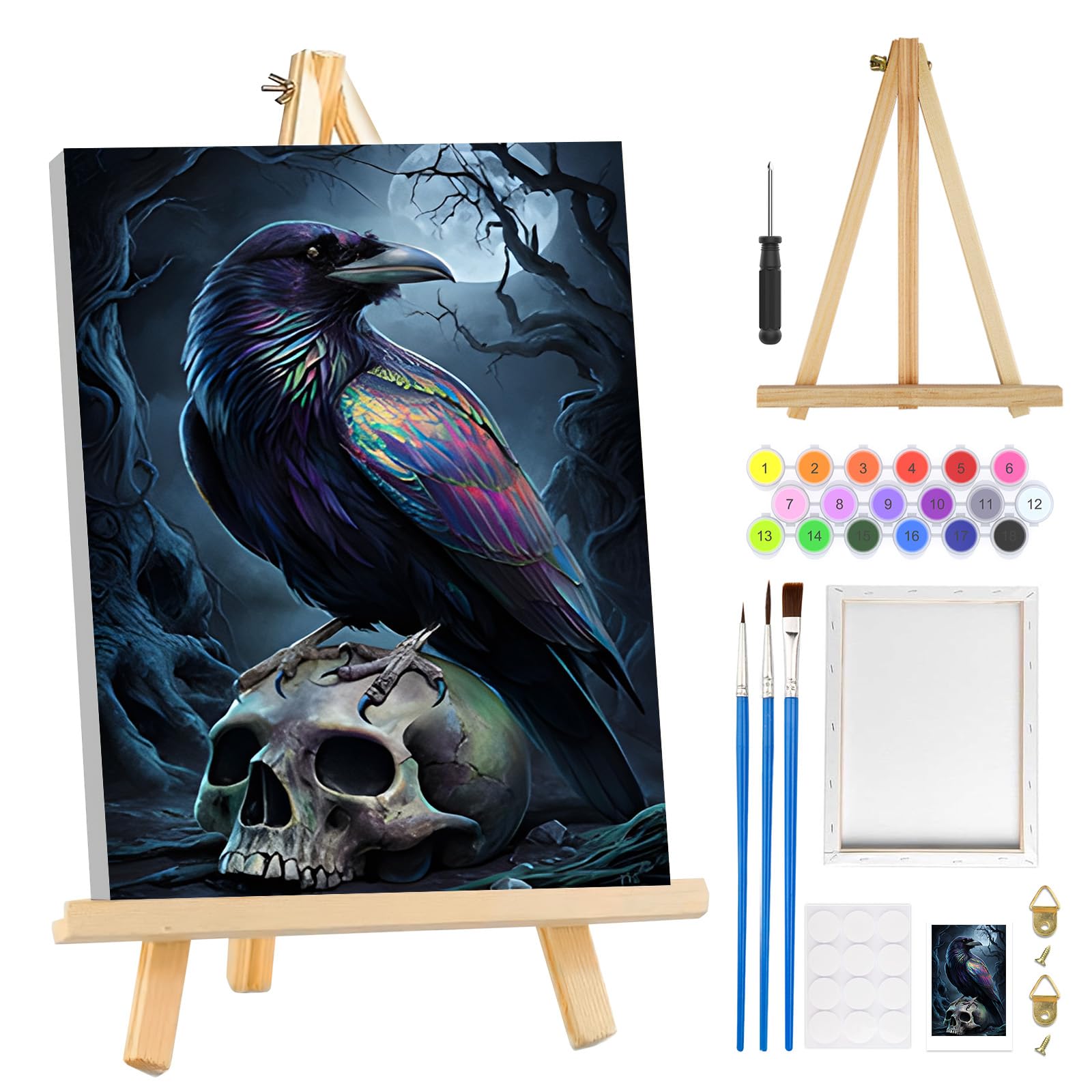 MOGTAA Halloween Paint by Numbers for Adults Beginners with Frame, Skull Painting by Numbers for Adults with Easel, Easy DIY Crow Oil Painting Kits Art Crafts for Home Decor, 8x12in