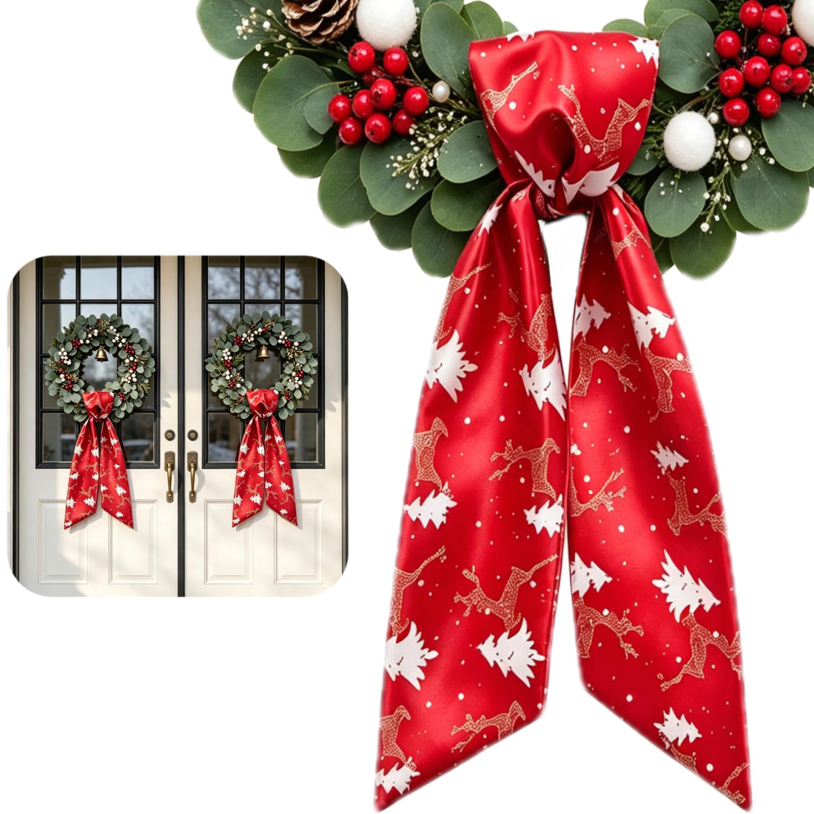 Dream Loom Christmas Wreath Sash for Front Door, 2Pcs Red Fabric with White Christmas Tree Print Wreaths Satin Sash Ribbon Accessories for Yard Doorway Indoor Outdoor Home Decor