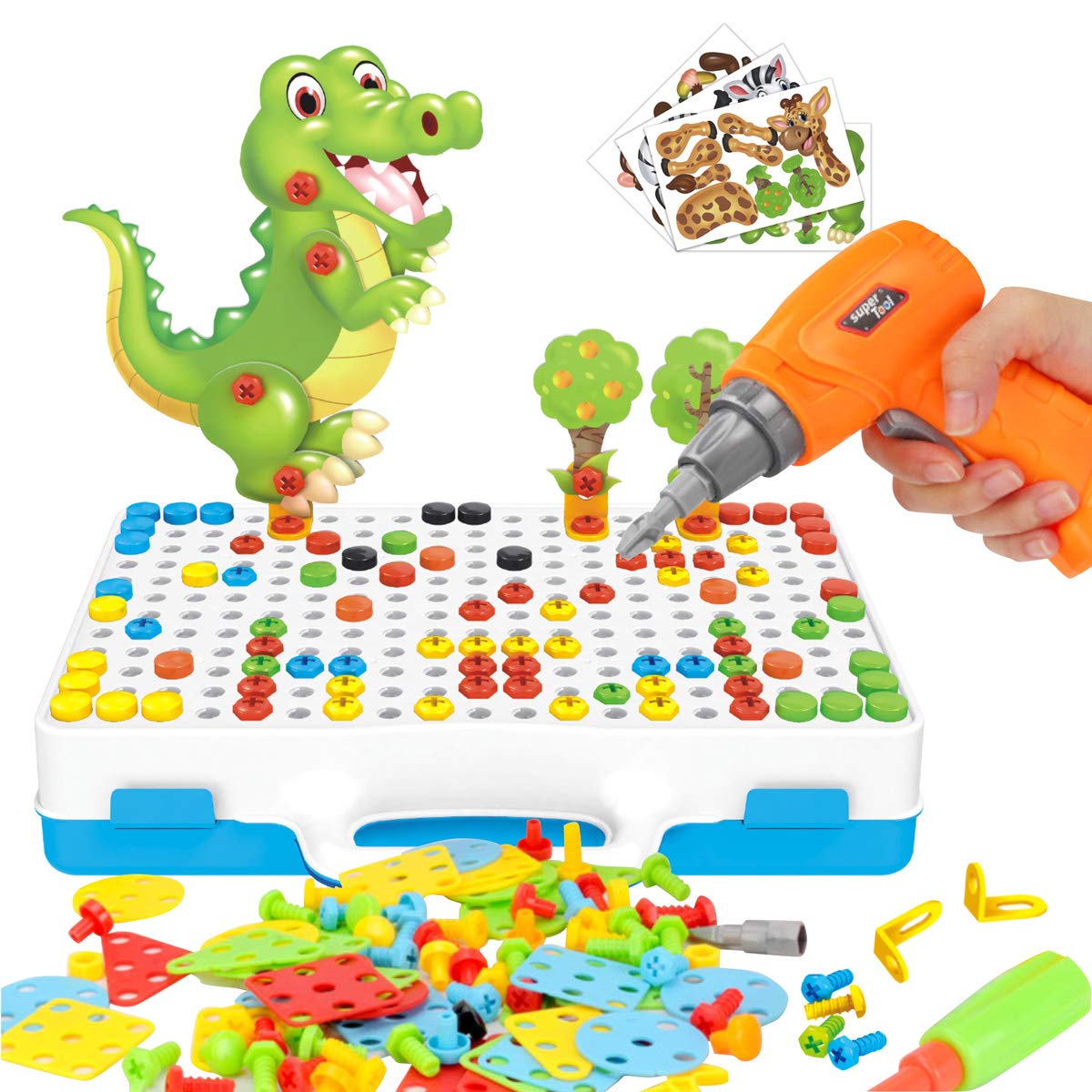 Censtar Creative Mosaic Electric Drill Set,Kids Educational Learning Toy Kit,Electric Drill,Creative Educational Drill Toy,Great Way 3D Patterns for Toddler Children Boys&Girls Gift