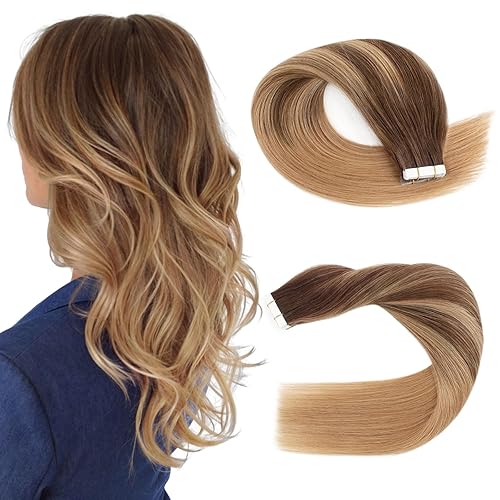 Sassina Extensiones de Cabello Real con Cinta de Cabello Humano Balayage Marrón con Mechas Rubio Fresa Sin Costuras Trama de Piel con Cinta