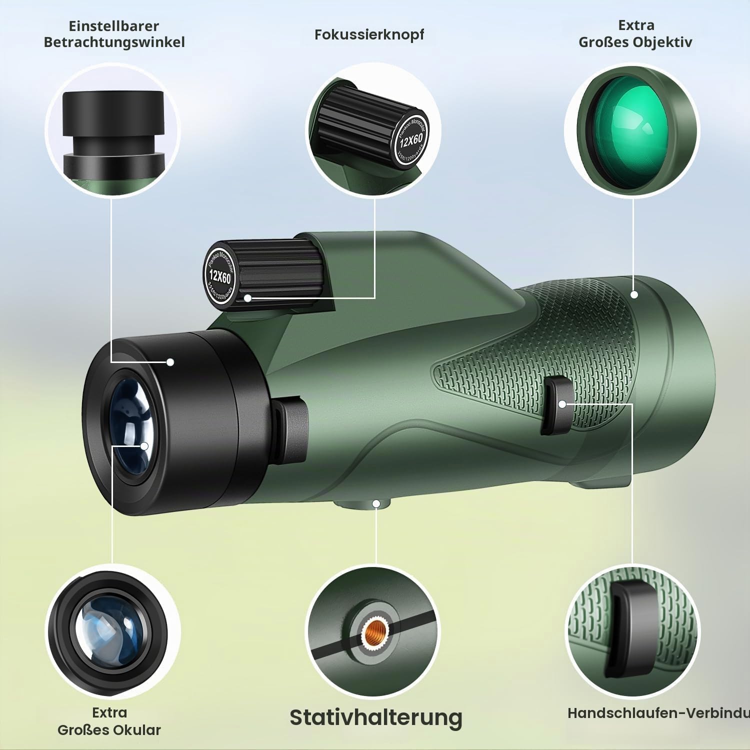 Pankoo Monokular für Erwachsene, 12 x 60, Hochleistung, Monokular-Teleskop für Wildtiere, Vogelbeobachtung, Jagd, Camping, Reisen, Sekenery mit Smartphone-Halterung und Stativ