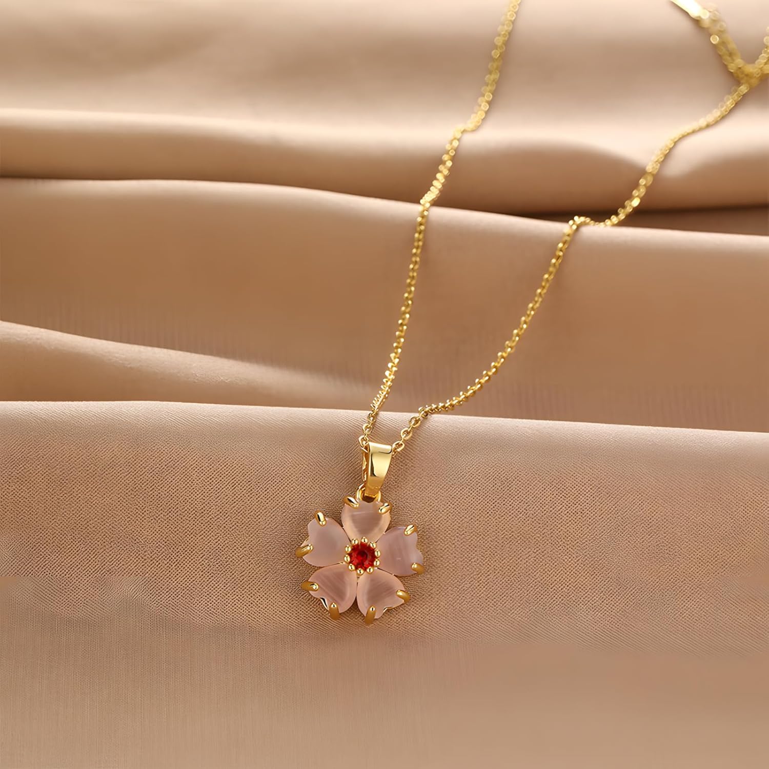 Pink Flower Necklace for Women Crystal Cherry Floral Necklaces - Image 9