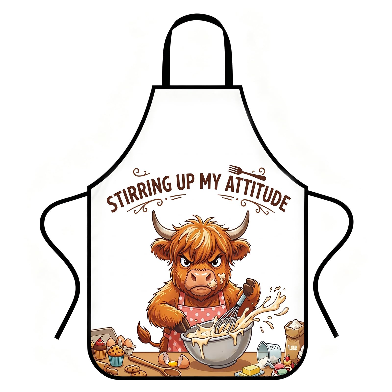 Highland Cow Apron, Kitchen Aprons for Women, Men, Funny Apron with Humorous Text, Cartoon Aprons for Kitchen, Cafe, BBQ, Restaurant, Gardening, Highland Cow Gifts for Women, Mom, Men, Dad, Couple