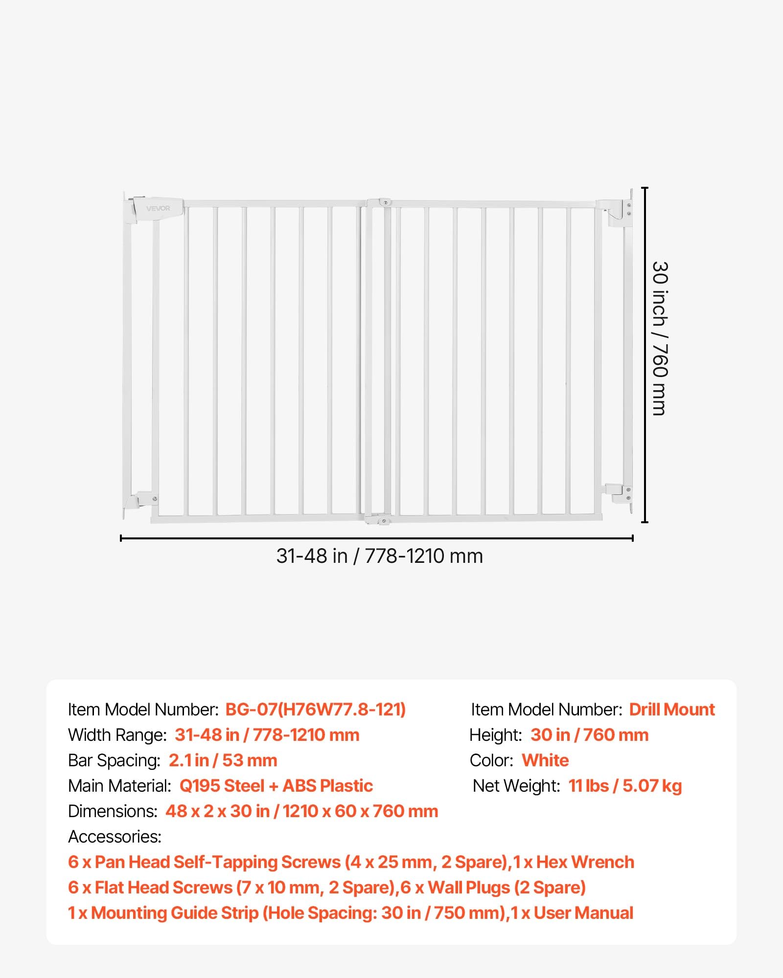 VEVOR Barrera de Seguridad para Niños, Alto de 760 mm, Ajustable de 778-1210 mm, Valla de Seguridad para Mascotas, Cierre Automático Apertura 180° Bloqueo Doble, Kit de Instalación, para Escaleras