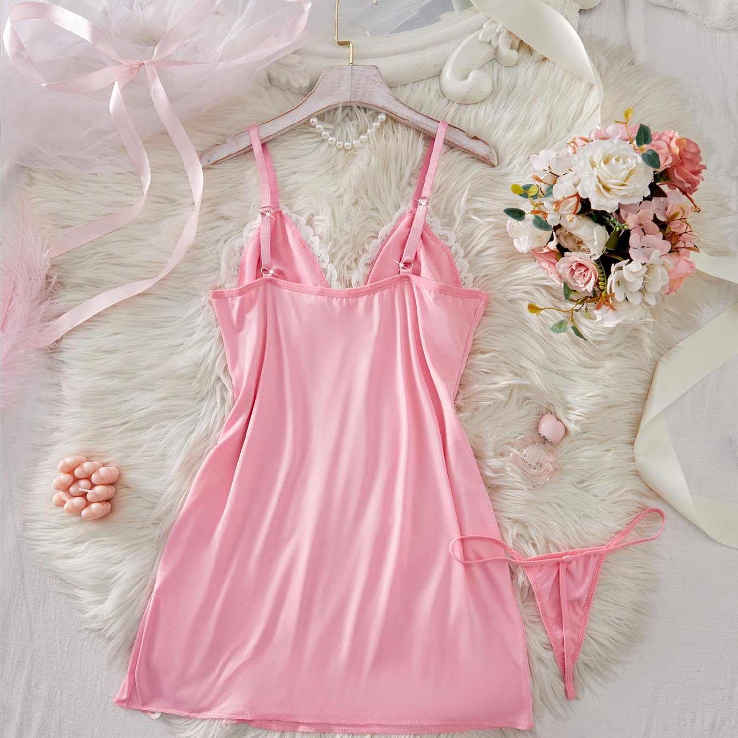 Sexy Lingerie Sets for Women Lace V-Neck Slit Hem Nightdress with Thong Knickers Babydoll Dress Nightwear Cami Nighties Nightgown Sleepwear Underwear G-String Briefs Chemise Outfits(Pink,L)