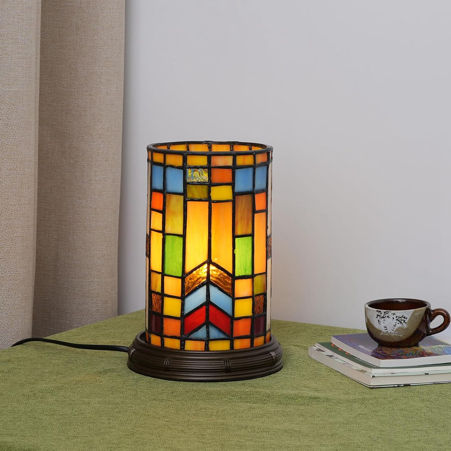 Tiffany Style Stained Glass Bohemian Block Table lamp Living Room Bedroom Bedside Flower Vase Decor Small Night Light Mini Cute Kids Accent Cottage Aesthetic Nightstand Cylinder Desk lamp