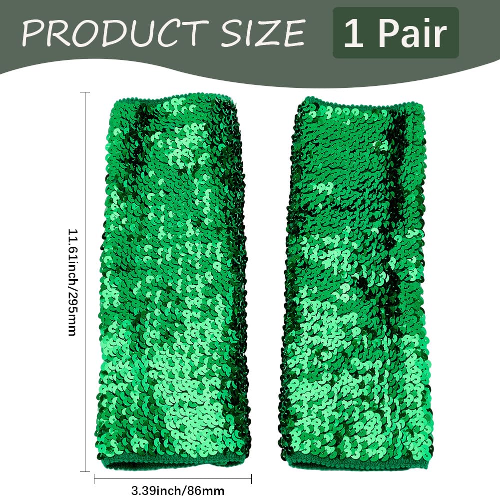 CABODYALS 1 Pair Green Sequin Gloves Glitter Fingerless Sequins Stretchy Long Arm Sleeves Sparkly Shiny Elastic Oversleeves Rave Dance Glove Bulk for Women Party Costumes Stage Performance Accessories - Image 2