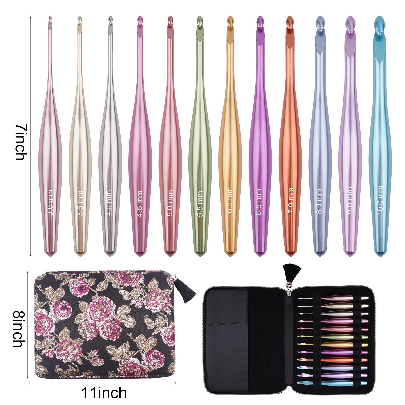 Mdoker Aluminium-Häkelnadel-Set mit Etui, ergonomischer Griff, rutschfeste Haken für arthritische Hände, perfektes Häkelgeschenk für Frauen, 3 mm - 10 mm