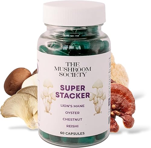Super Stacker - Suplemento de hongos 4 en 1 mezcla de bienestar - Melena de león, ostras, castañas y reishi - Inmune, concentración y vitalidad