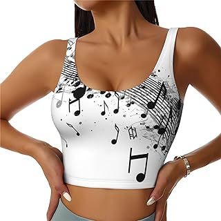 Black Music Note Pattern Sports Bra with Removable, Workout Crop Tank Top High Impact Sports Vest