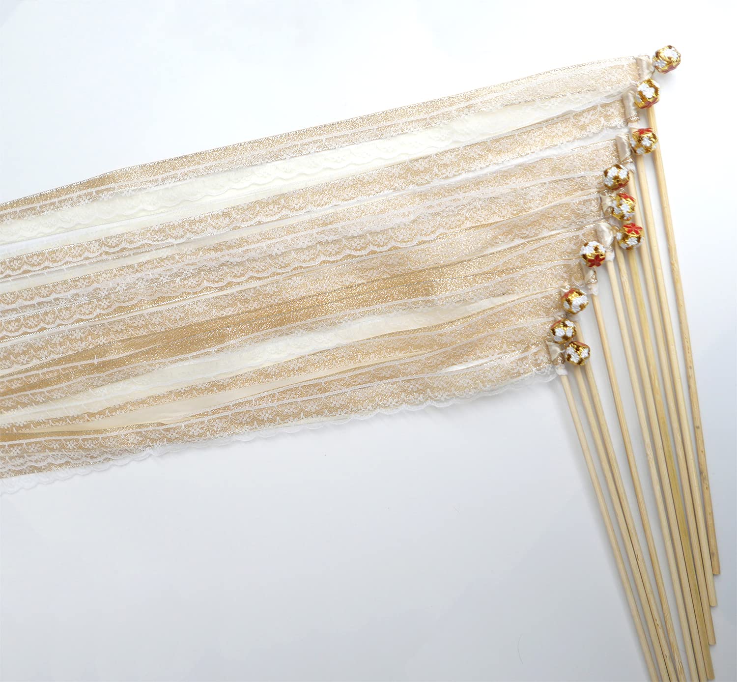 50x Wedding Wands Zauberstäbe mit Glocken,Spitzen Luftschlangen Seide Fee Stick,Lace Ivory Ribbon Wands Wedding Ribbon Stick Glücksstäbe für Hochzeit Partys Babypartys Geburtstag Weihnachten Feiern
