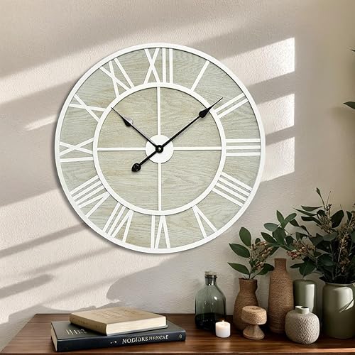 Miniatura 6 de Reloj de pared de madera de 24 pulgadas con marco de metal blanco y números romanos, elegante decoración del hogar, movimiento de cuarzo silencioso,