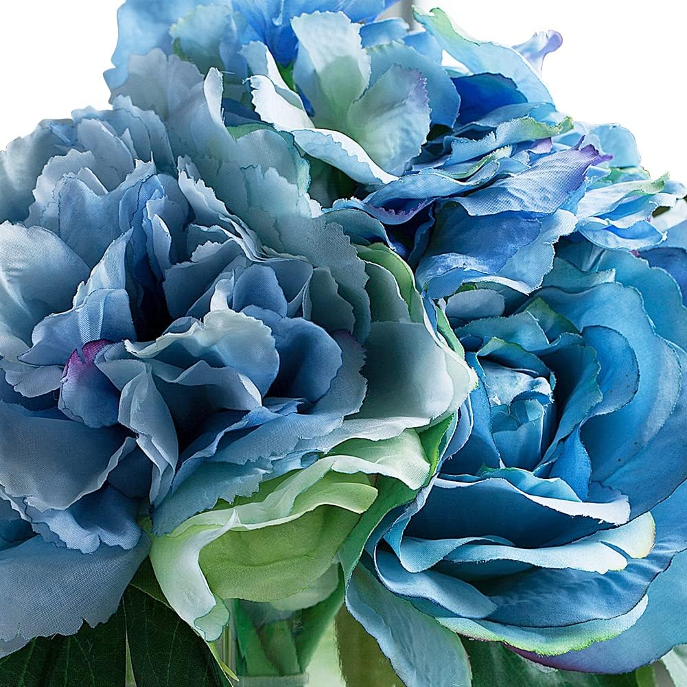 Enova Floral Artificial Flower Arrangement in Vase, Fake Flowers Arrangement with Vase, Mixed Artificial Peony Rose and Hydrangea Silk Flower with Clear Glass Vase for Home Wedding (Blue)