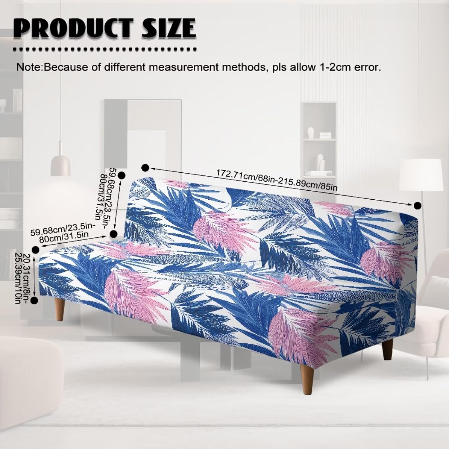 Stretch Futon Slipcover with Elastic Bottom Armless Futon Cover Sofa Slipcover Non-Slip Furniture Protector Folding Sofa Bed Cover for Home Decoration, Blue Pink Leaf Pattern
