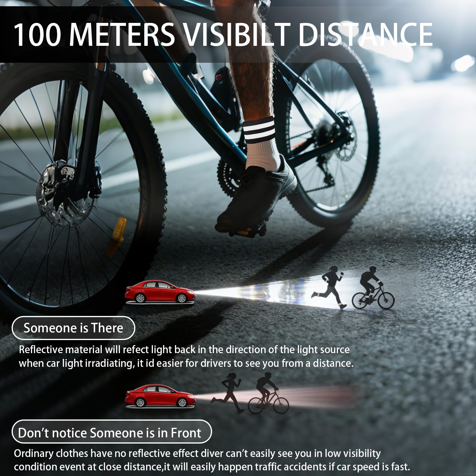 Lot De 4 Brassards Réfléchissants 5 Cm – Visibilité 100 M, Scratch Ajustable, Pour La Nuit !