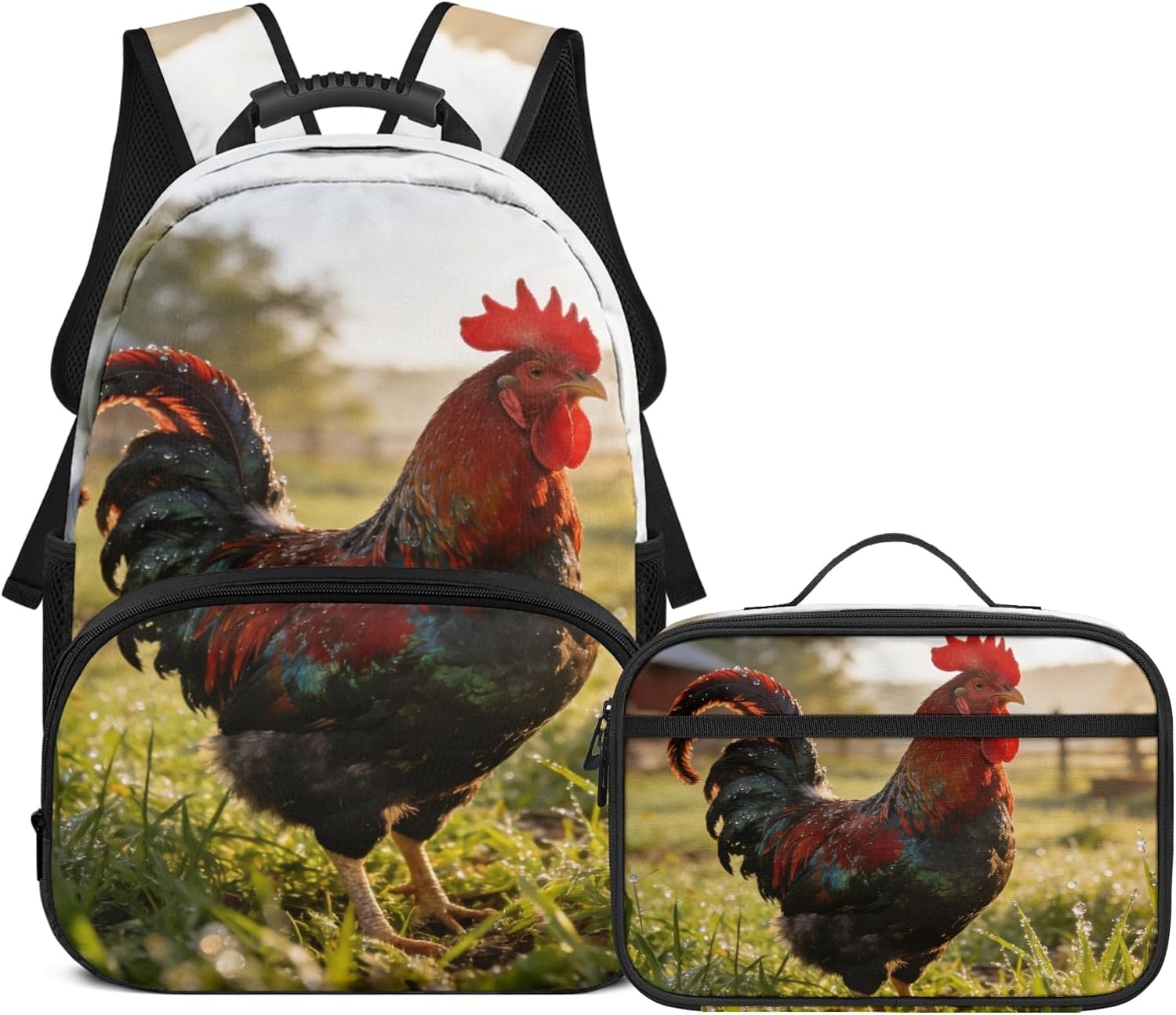 Amzbeauty Rooster Backpack And Lunch Box Set Of 2 Kids Boys 17 Inch Large Capacity Book Bags Elementary Student Lightweight School Bag With Insulated Lunch Bag For Camping Travel