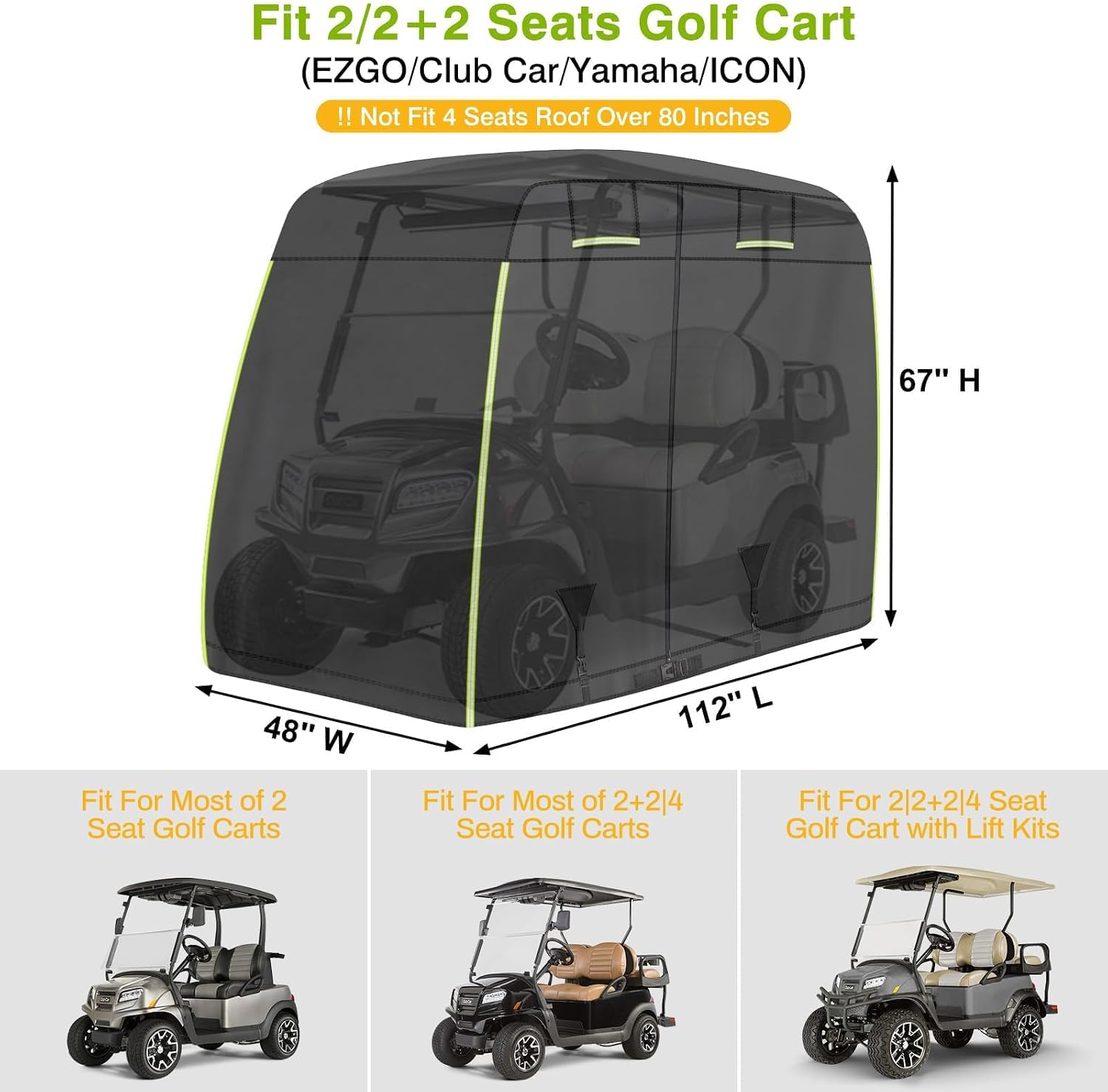 600D Oxford 2/2+2/4 Passenger Golf Cart Cover Fits EZGO, Club Car, Yamaha Golf Carts with Safe Reflective Strips, All Weather Protection/Waterproof/Snowproof/Windproof/Sunproof