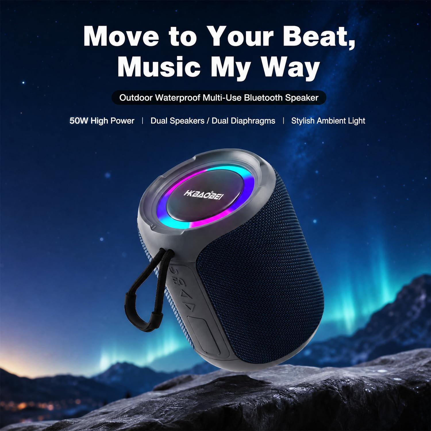 Altoparlante Bluetooth portatile per esterni, con 50 W, impermeabile IPX7, senza fili, con luce RGB, Bluetooth 5.4, TWS Stereo, EQ, supporta TF/USB/AUX per campeggio, spiaggia, piscina