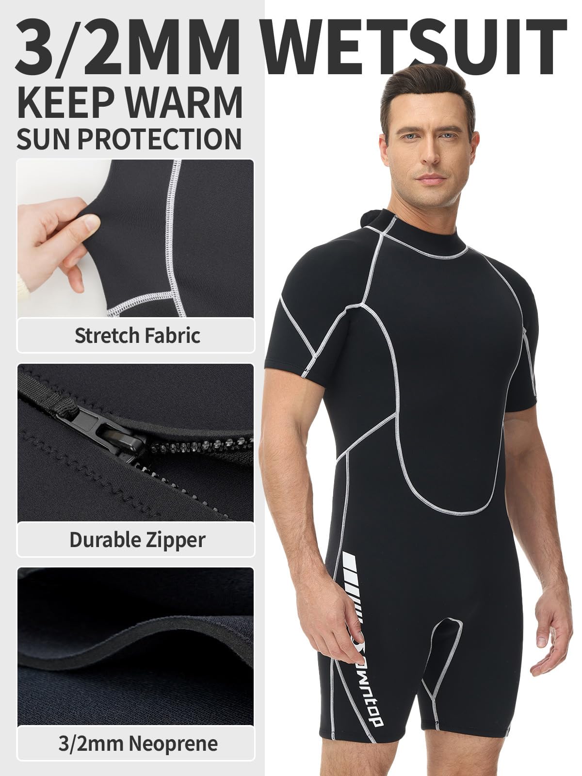 Owntop Traje de Neopreno Shorty 3/2mm Hombres Mujeres - Trajes de Buceo con Cremallera Trasera para Buceo Surf, Manga Corta Neopreno Elástico Wetsuit para Deportes Acuáticos