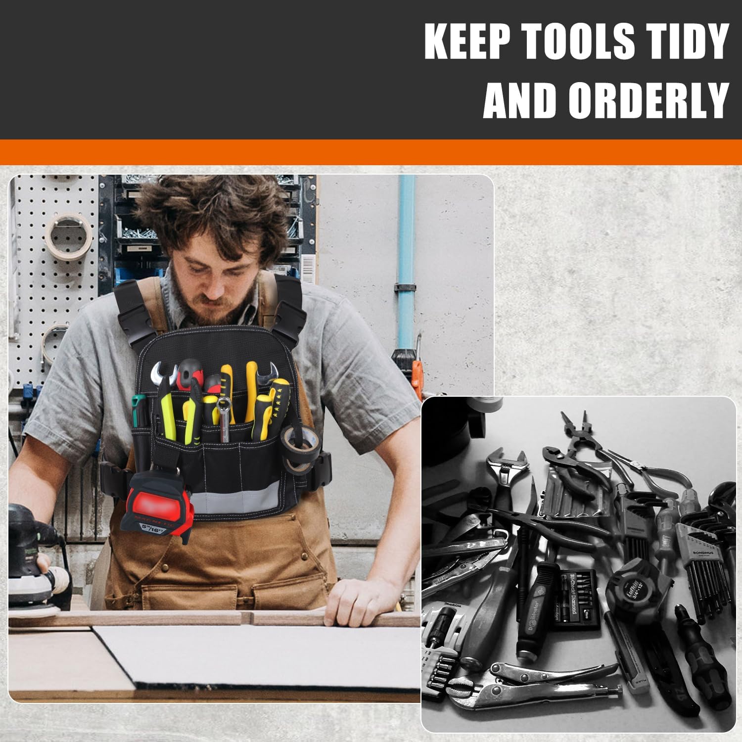 Electrician Tool Pouch Durable 13 Pocket Tool Pouch Electrician Bag for Men | Tool Chest Organizer with Adjustable Shoulder Strap for Technician Maintenance Carpenter Woodworker