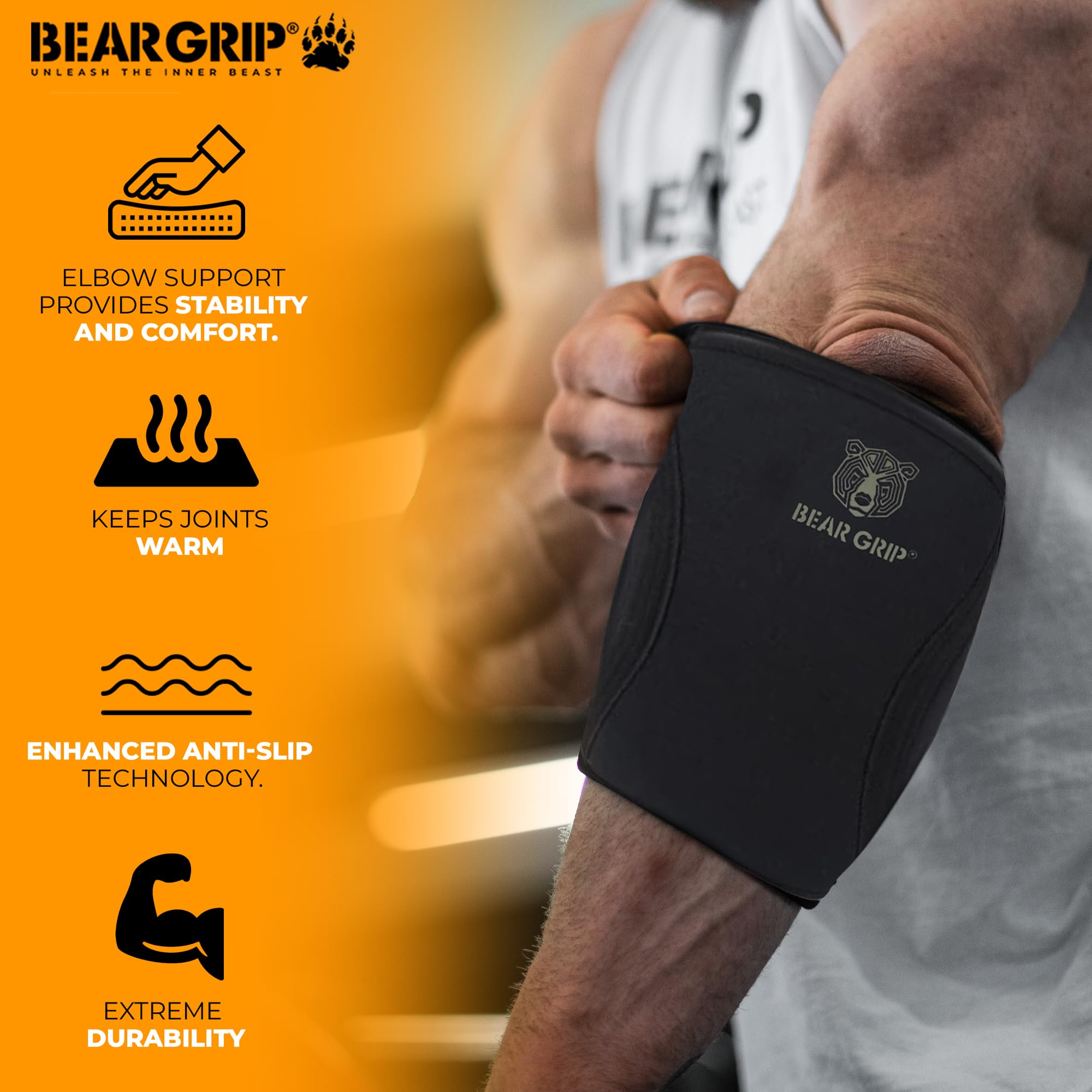 BEAR GRIP Manicotti a compressione per gomito, 7 mm, per sollevamento pesi, con fodera interna antiscivolo, per uomini e donne, ideali per allenamento di forza e fitness, nero/grigio, M