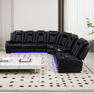 Power Reclining Sectional Sofa, Black Leather Couch with Recliners, Air ...