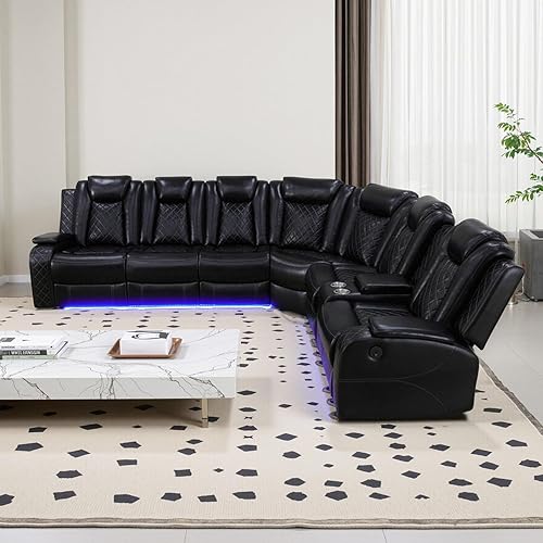 Power Reclining Sectional Sofa, Black Leather Couch with Recliners, Air Leather Sofa Couch with LED Lights/USB Port/Cup Holder for Living Room/Apartment/Office