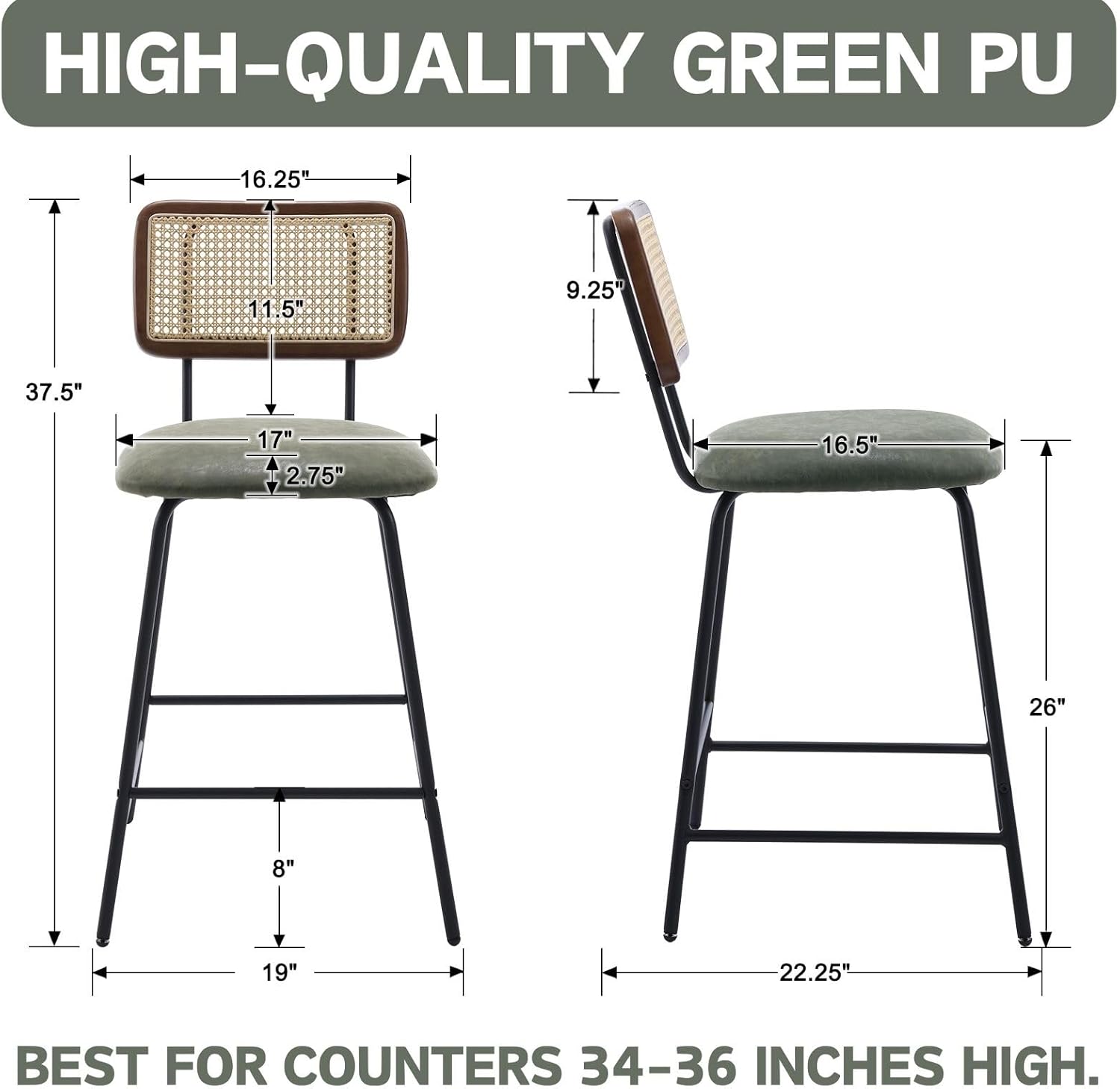 Hyfirm Set of 2 Bar Stools 26 Inch Counter Height, Rattan Barstools with Cane Back & Green PU Leather Padded Seat, Metal Frame Upholstered Breakfast Chairs for Kitchen Island, Home Bar, Dining