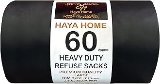 Haya Home 60 Black Plastic Bin Bags Heavy Duty Bin Liners, Refuse Sacks Heavy Duty Waste Dustbin Bags roll 100L for Kitchen Home Office DIY Garden Made from 100% Recycled Material