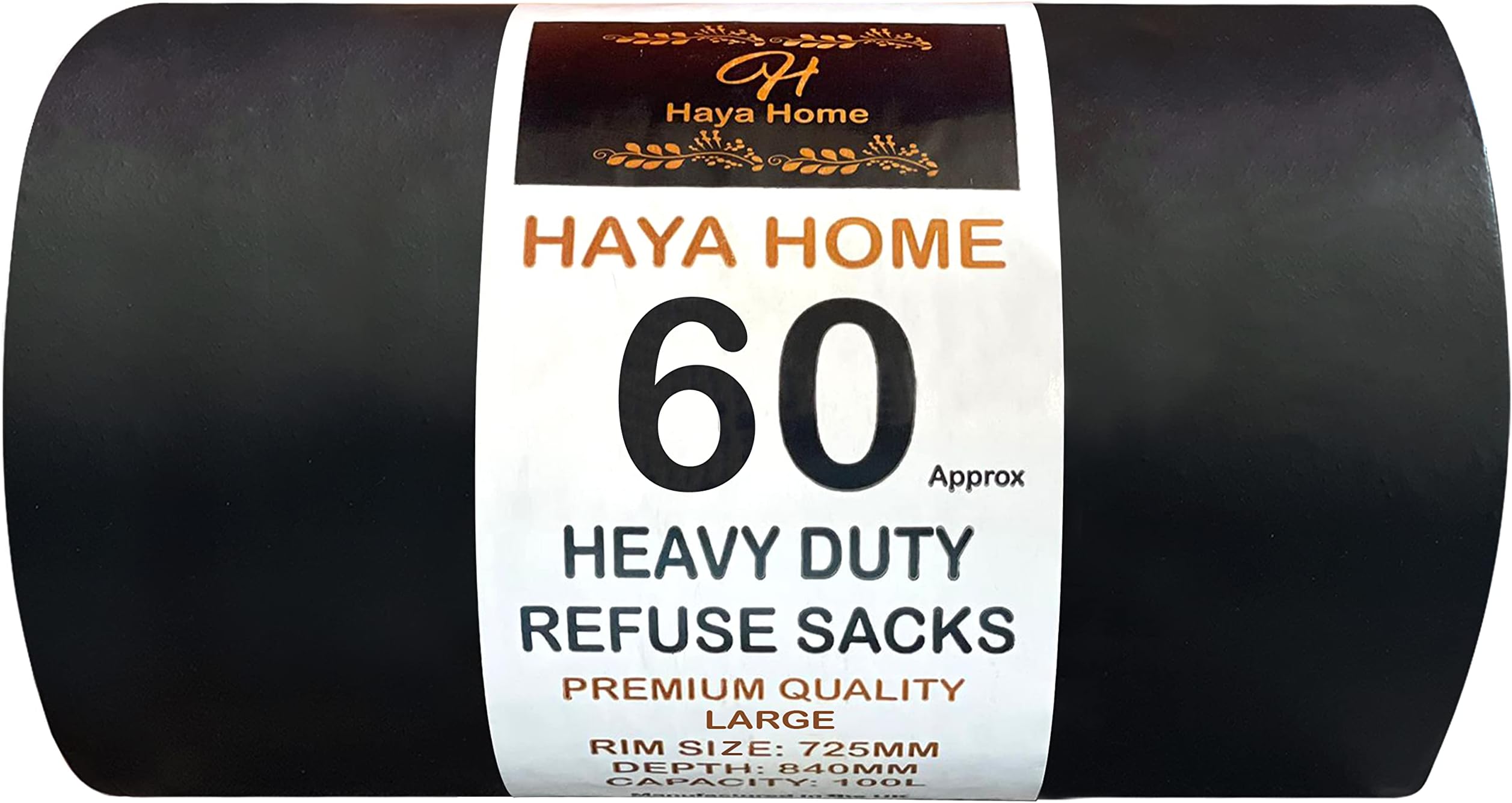 Haya Home 60 Strong Black Plastic Heavy Duty Bin Bags Bin Liners, Refuse Sacks Heavy Duty Waste Refuse Garbage Bags roll 100L for Kitchen Home Office DIY Garden 100% Recycled Material